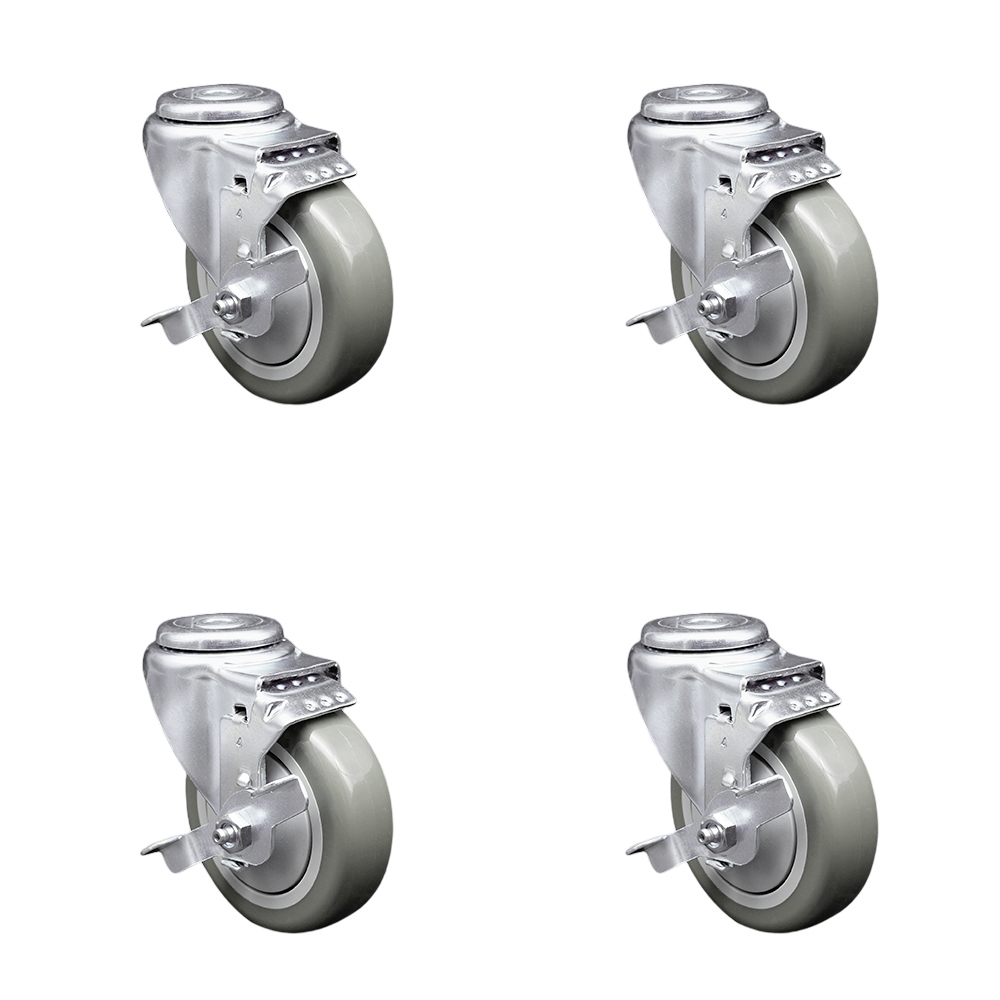 Polyurethane Swivel Bolt Hole Caster Set of 4 w/4" x 1.25" Gray Wheels - Includes 4 Swivel with Top Lock Brakes - 1400 lbs Total Capacity - Service Caster Brand — photo 1