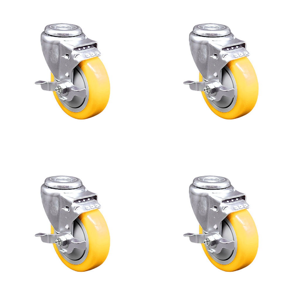 Polyurethane Swivel Bolt Hole Caster Set of 4 w/4" x 1.25" Yellow Wheels - Includes 4 Swivel with Top Lock Brakes - 1400 lbs Total Capacity - Service Caster Brand — photo 1