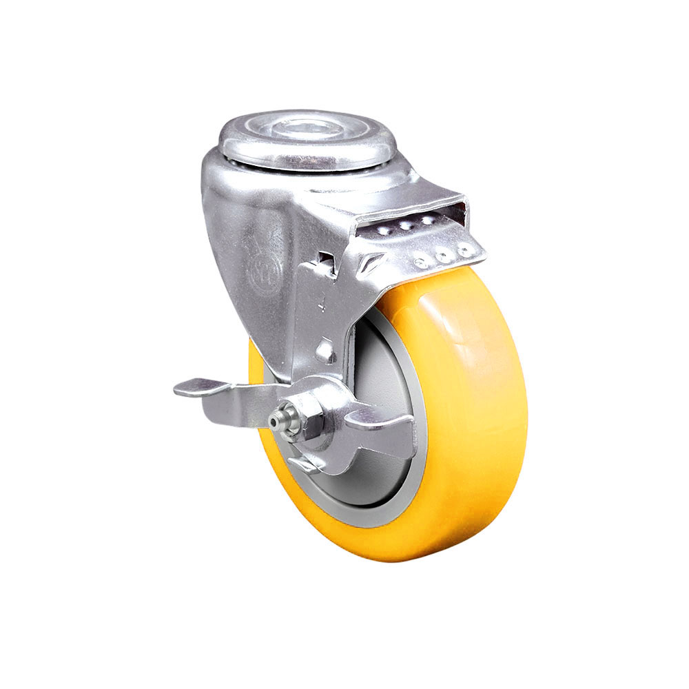 Polyurethane Swivel Bolt Hole Caster w/4" x 1.25" Yellow Wheel & Top Locking Brake - 350 lbs Capacity/Caster - Service Caster Brand — photo 1