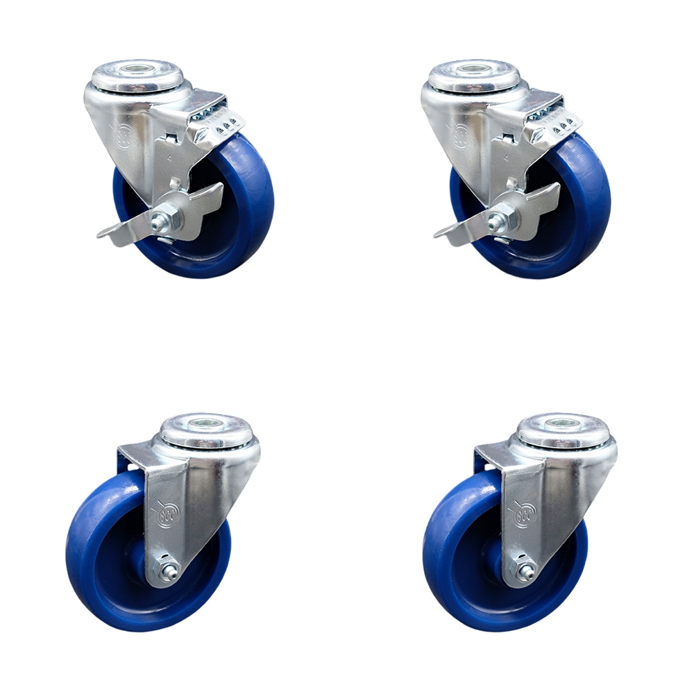 Solid Polyurethane Swivel Bolt Hole Caster Set of 4 w/4" x 1.25" Blue Wheels - Includes 2 with Top Locking Brakes - 1200 lbs Total Capacity - Service Caster Brand — photo 1