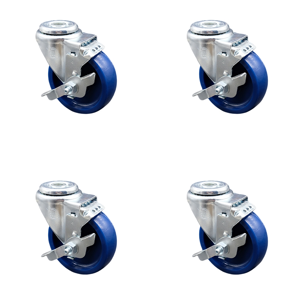 Solid Polyurethane Swivel Bolt Hole Caster Set of 4 w/4" x 1.25" Blue Wheels - Includes 4 Swivel with Top Lock Brakes - 1200 lbs Total Capacity - Service Caster Brand — photo 1
