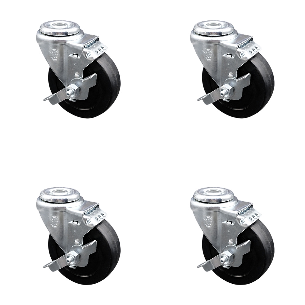 Soft Rubber Swivel Bolt Hole Caster Set of 4 w/4" x 1.25" Black Wheels - Includes 4 Swivel with Top Lock Brakes - 800 lbs Total Capacity - Service Caster Brand — photo 1