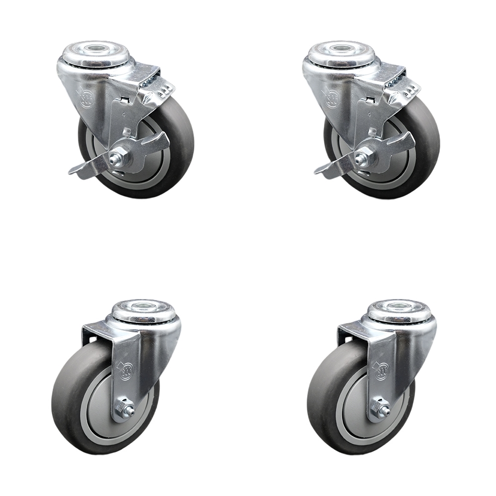 Thermoplastic Rubber Swivel Bolt Hole Caster Set of 4 - 4" x 1.25" Gray Wheels - Includes 2 with Top Locking Brakes - 1,000 lbs Total Capacity - Service Caster Brand — photo 1