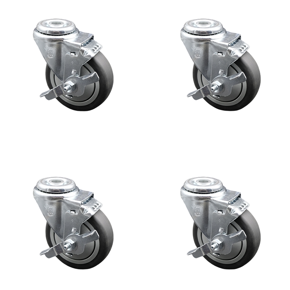 Thermoplastic Rubber Swivel Bolt Hole Caster Set of 4 w/4" x 1.25" Gray Wheels - Includes 4 Swivel with Top Lock Brakes - 1000 lbs Total Capacity - Service Caster Brand — photo 1