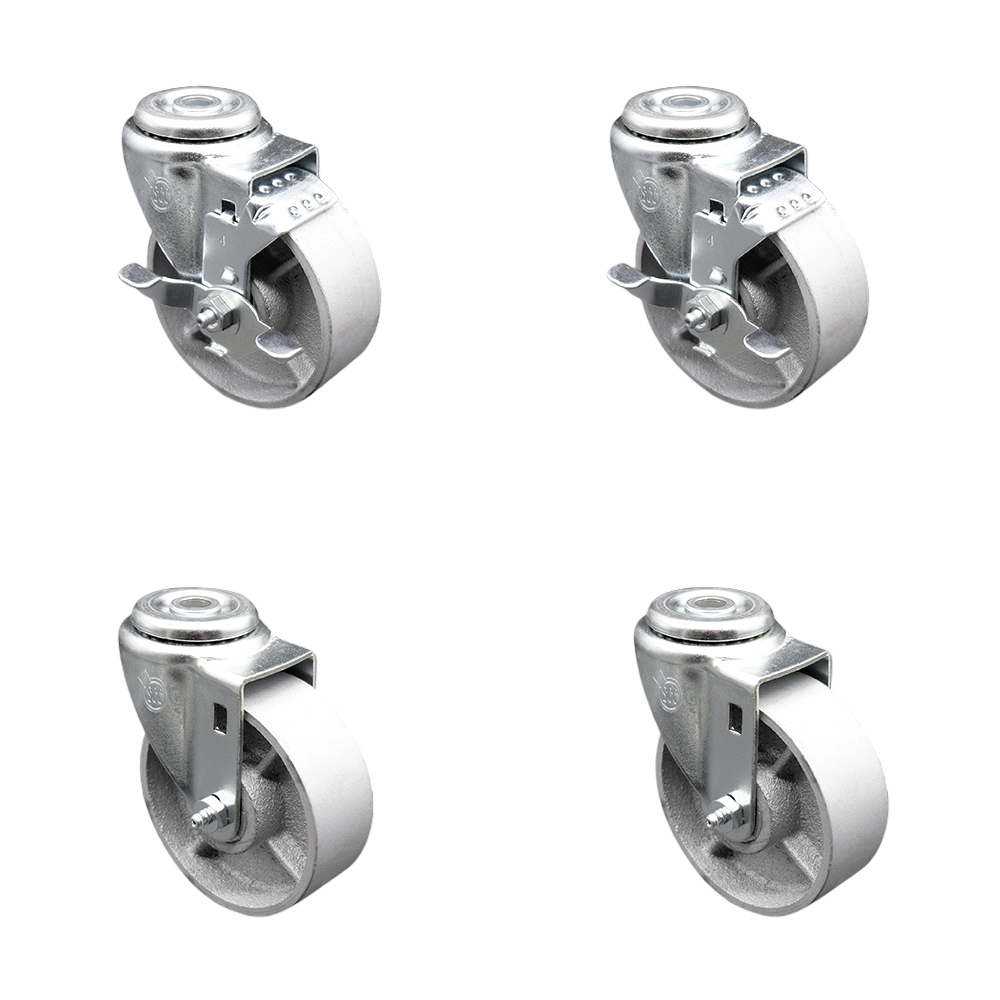 Semi Steel Cast Iron Swivel Bolt Hole Caster Set of 4 w/Roller Bearing - 4" x 1.5" Silver Wheels - Includes 2 with Top Locking Brakes - 1200 lbs Total Capacity - Service Caster Brand — photo 1
