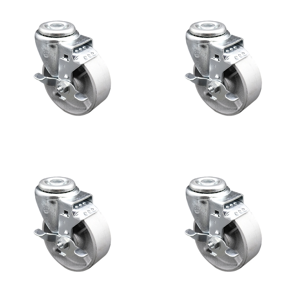 Semi Steel Cast Iron Swivel Bolt Hole Caster Set of 4 w/4" x 1.25" Silver Wheels - Includes 4 Swivel with Top Lock Brakes - 1200 lbs Total Capacity - Service Caster Brand — photo 1