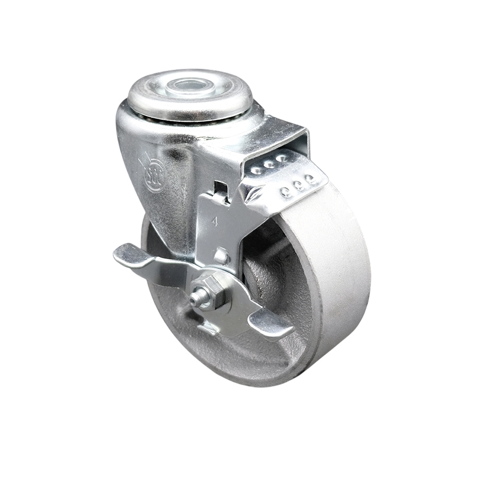 Semi Steel Cast Iron Swivel Bolt Hole Caster w/Roller Bearing - 4" x 1.5" Silver Wheel & Top Locking Brake - 300 lbs Capacity/Caster - Service Caster Brand — photo 1