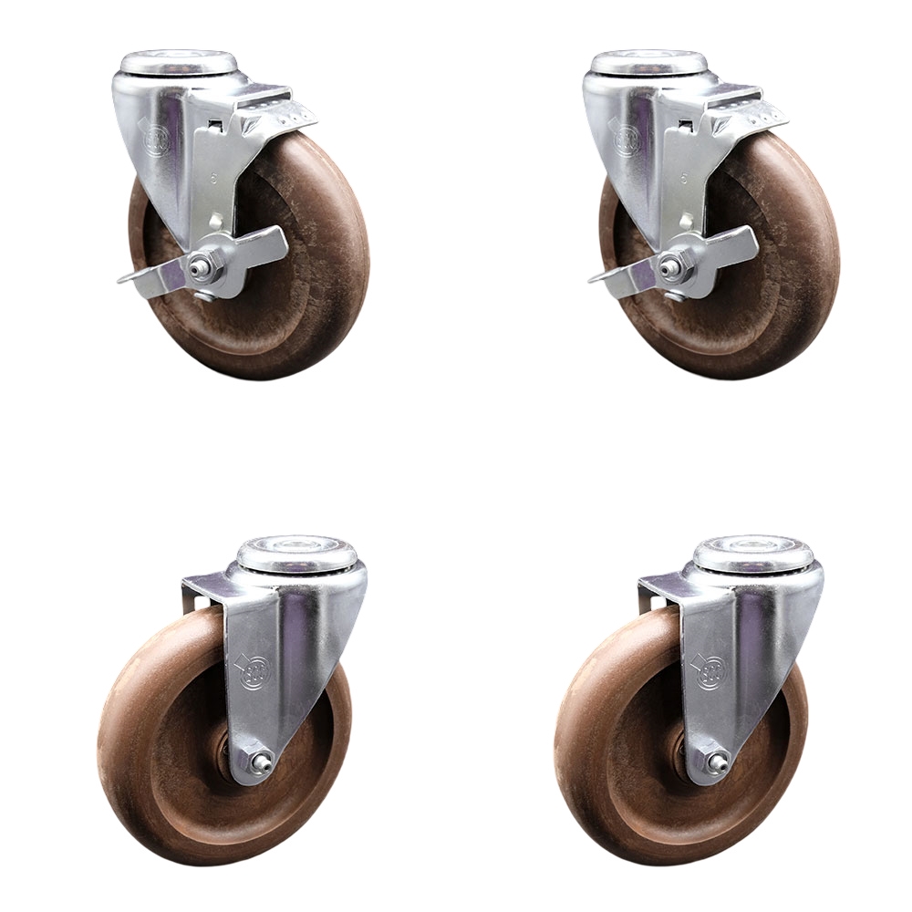High Temp Glass Filled Nylon Swivel Bolt Hole Caster Set of 4 w/5" x 1.25" Brown Wheels - Includes 2 with Top Locking Brakes - 1400 lbs Total Capacity - Service Caster Brand — photo 1