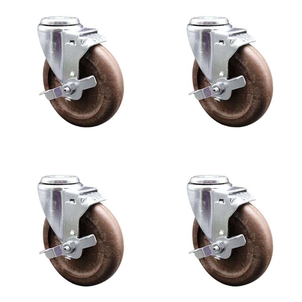 High Temp Glass Filled Nylon Swivel Bolt Hole Caster Set of 4 w/5" x 1.25" Brown Wheels - Includes 4 Swivel with Top Lock Brakes - 1400 lbs Total Capacity - Service Caster Brand — photo 1