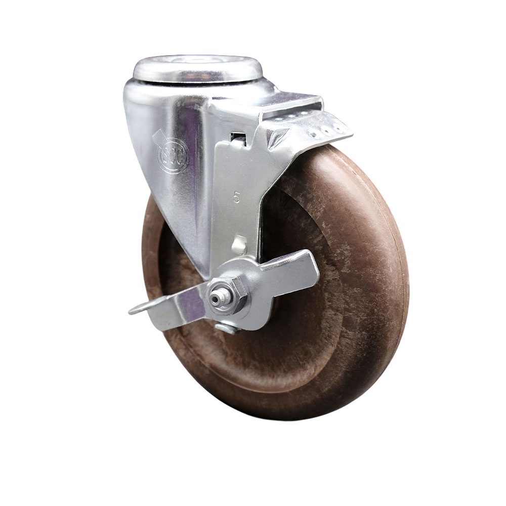 High Temp Glass Filled Nylon Swivel Bolt Hole Caster w/5" x 1.25" Brown Wheel & Top Locking Brake - 350 lbs Capacity/Caster - Service Caster Brand — photo 1