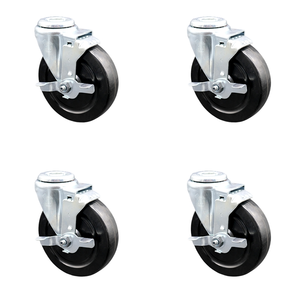 Hard Rubber Swivel Bolt Hole Caster Set of 4 w/5" x 1.25" Black Wheels - Includes 4 Swivel with Top Lock Brakes - 1200 lbs Total Capacity - Service Caster Brand — photo 1