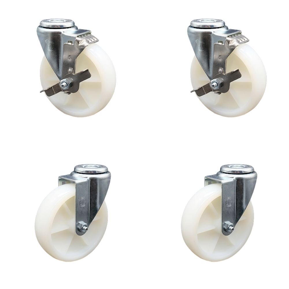 Nylon Swivel Bolt Hole Caster Set of 4 w/5" x 1.25" White Wheels - Includes 2 with Top Locking Brakes - 1200 lbs Total Capacity - Service Caster Brand — photo 1