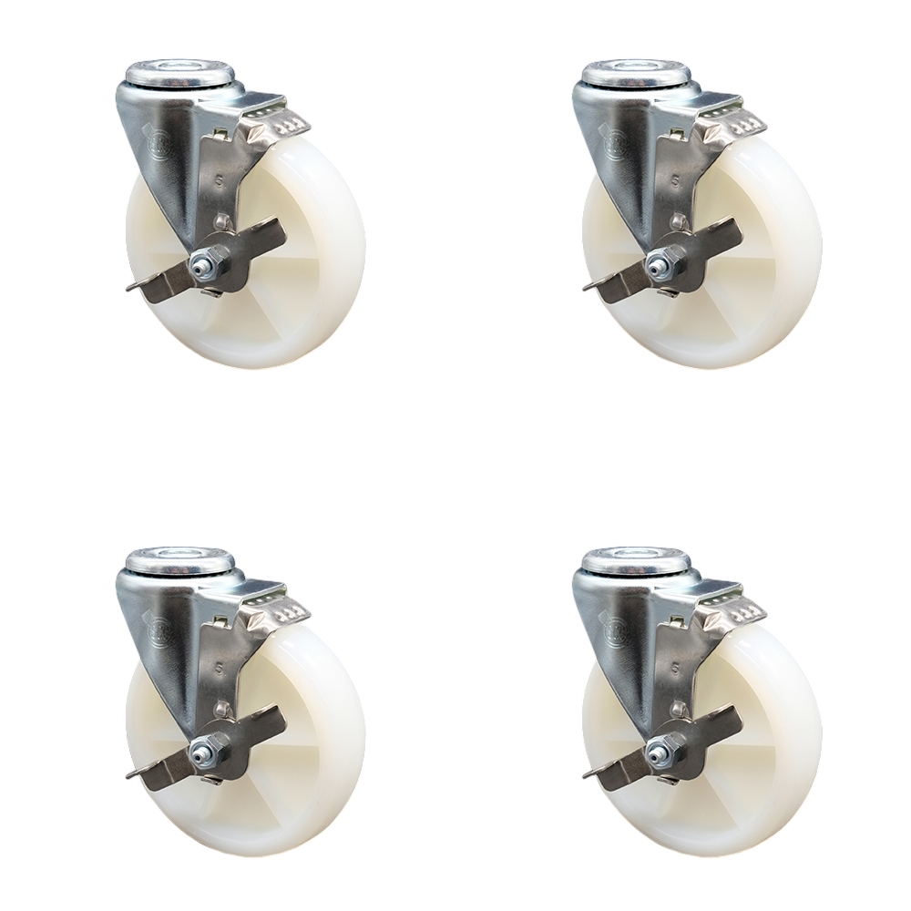 Nylon Swivel Bolt Hole Caster Set of 4 w/5" x 1.25" White Wheels - Includes 4 Swivel with Top Lock Brakes - 1200 lbs Total Capacity - Service Caster Brand — photo 1