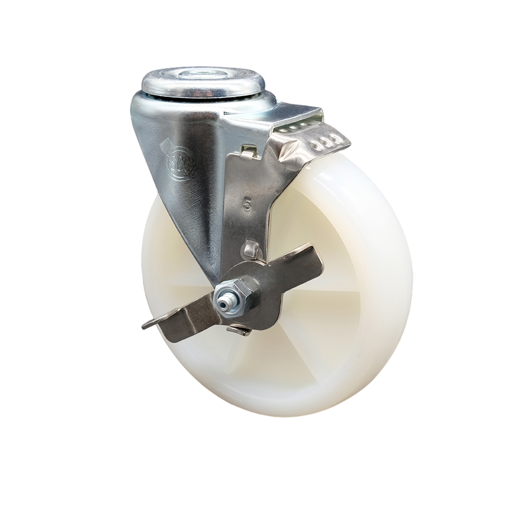 Nylon Swivel Bolt Hole Caster w/5" x 1.25" White Wheel & Top Locking Brake - 300 lbs Capacity/Caster - Service Caster Brand — photo 1