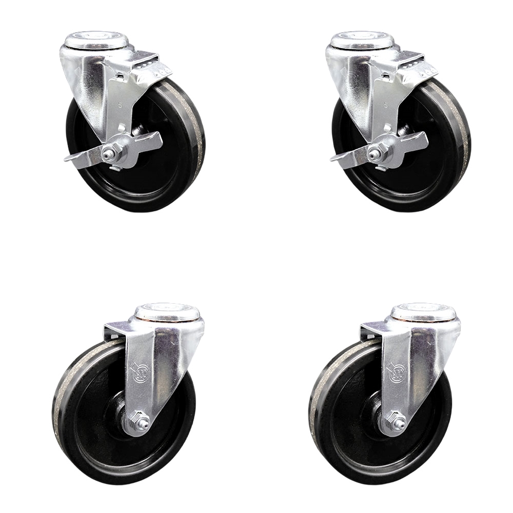 Phenolic Swivel Bolt Hole Caster Set of 4 w/Roller Bearing - 5" x 1.25" Black Wheels - Includes 2 with Top Locking Brakes - 1200 lbs Total Capacity - Service Caster Brand — photo 1