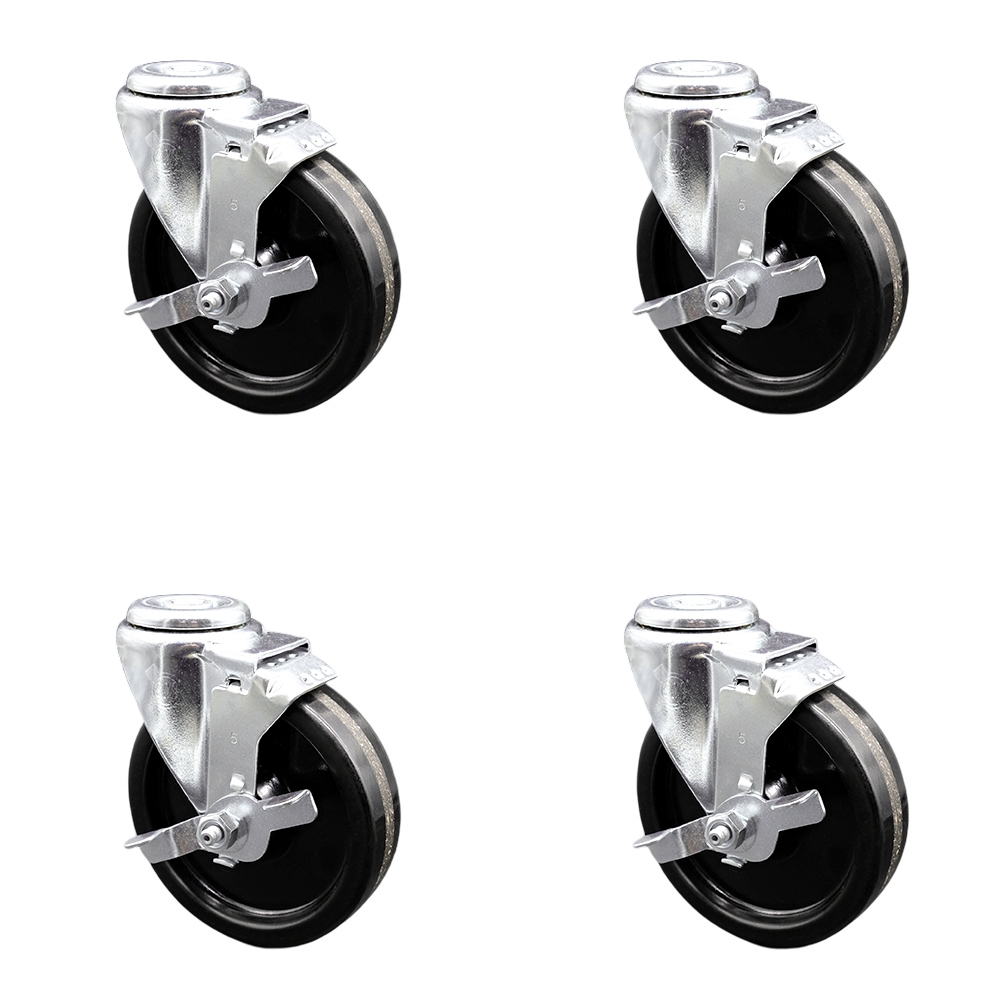 Phenolic Swivel Bolt Hole Caster w/Roller Bearing Set of 4 w/5" x 1.25" Black Wheels - Includes 4 Swivel with Top Lock Brakes - 1200 lbs Total Capacity - Service Caster Brand — photo 1