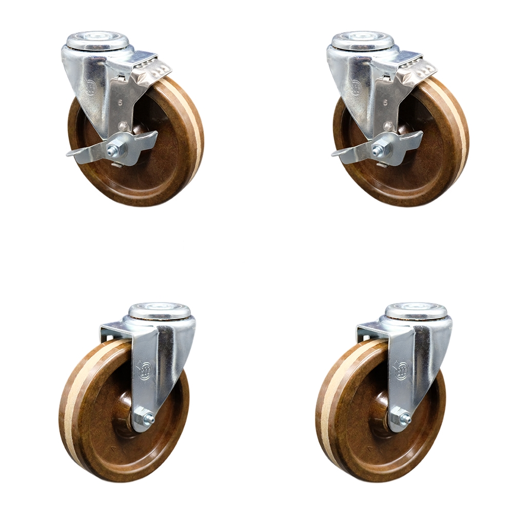 High Temperature Phenolic Swivel Bolt Hole Caster Set of 4 w/Roller Bearing - 5" x 1.25" Brown Wheels - Includes 2 with Top Locking Brakes - 1200 lbs Total Capacity - Service Caster Brand — photo 1