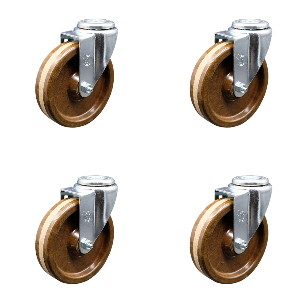 High Temperature Phenolic Swivel Bolt Hole Caster w/Roller Bearing Set of 4 w/5" x 1.25" Brown Wheels - Includes 4 Swivel - 1200 lbs Total Capacity - Service Caster Brand — photo 1