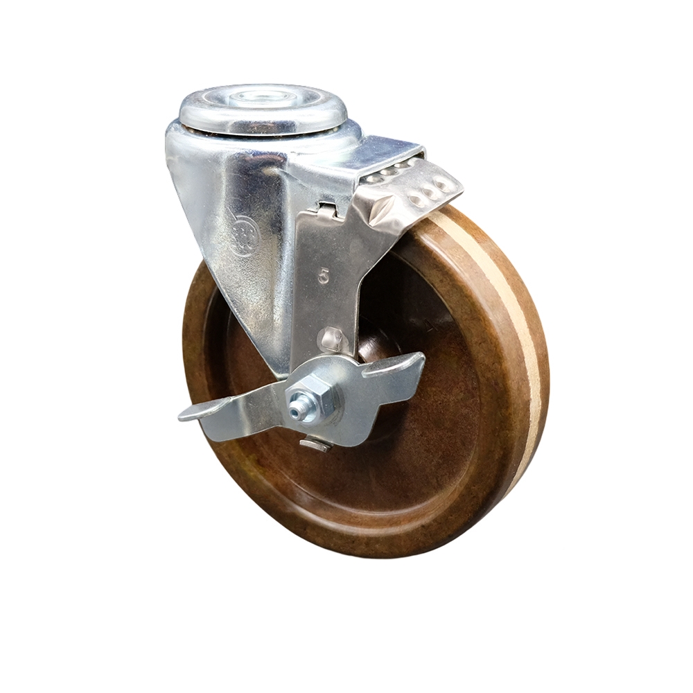 High Temperature Phenolic Swivel Bolt Hole Caster w/Roller Bearing - 5" x 1.25" Brown Wheel & Top Locking Brake - 300 lbs Capacity/Caster - Service Caster Brand — photo 1