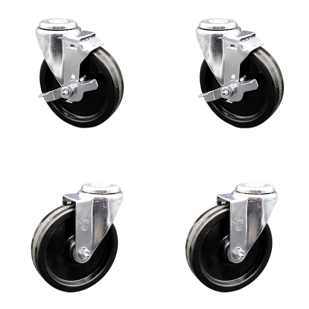 Phenolic Swivel Bolt Hole Caster Set of 4 w/5" x 1.25" Black Wheels - Includes 2 with Top Locking Brakes - 1200 lbs Total Capacity - Service Caster Brand — photo 1