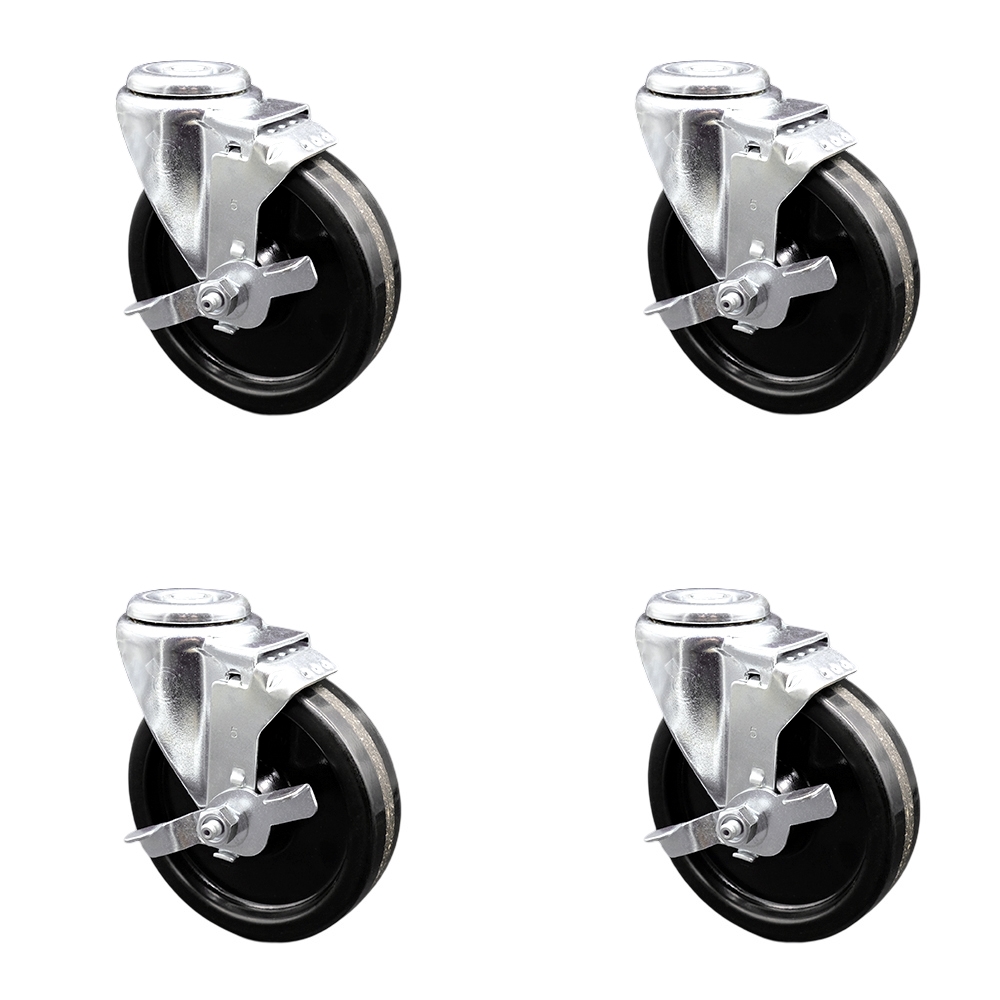 Phenolic Swivel Bolt Hole Caster Set of 4 w/5" x 1.25" Black Wheels - Includes 4 Swivel with Top Lock Brakes - 1200 lbs Total Capacity - Service Caster Brand — photo 1