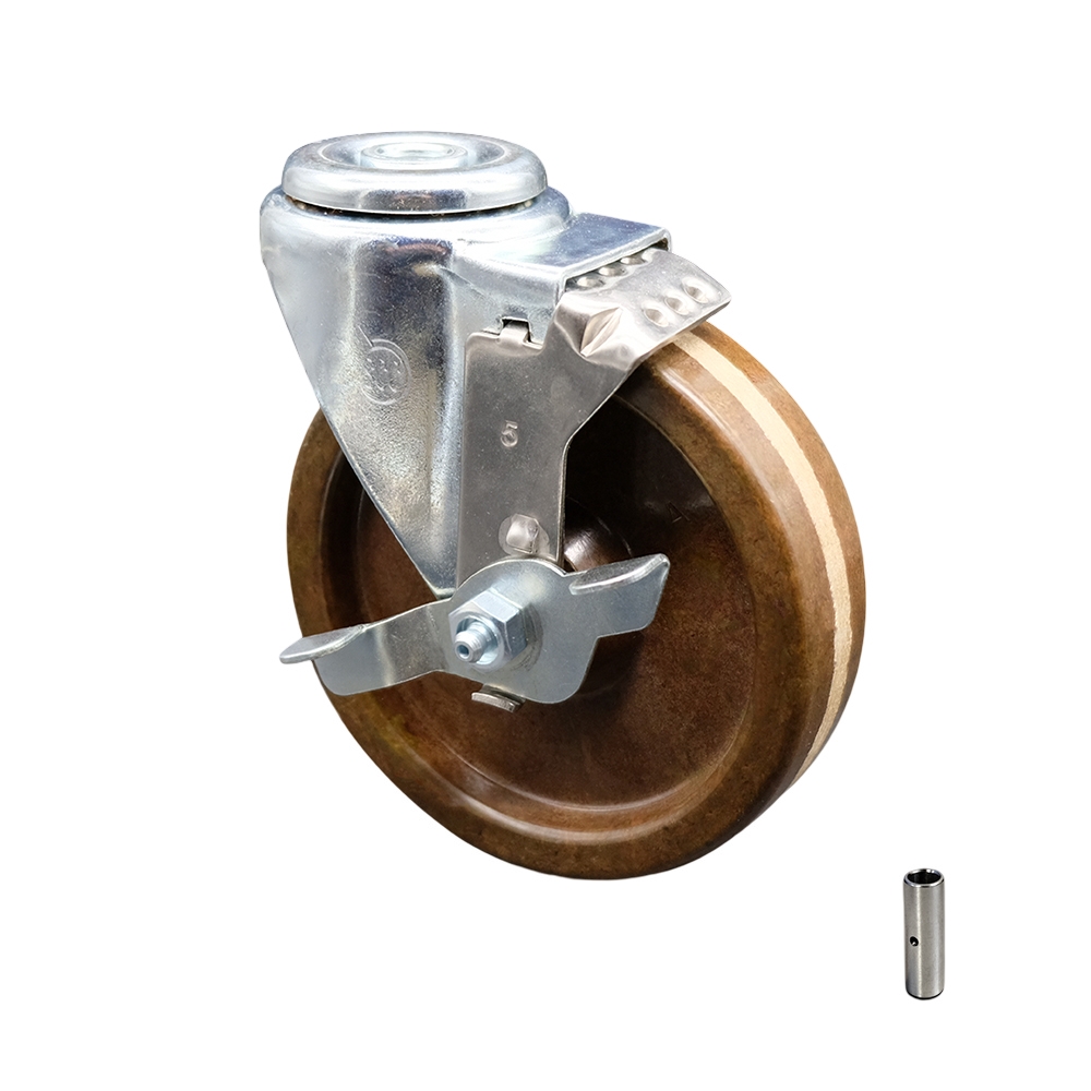High Temperature Phenolic Swivel Bolt Hole Caster - 5" x 1.25" Brown Wheel & Top Locking Brake - 300 lbs Capacity/Caster - Service Caster Brand — photo 1