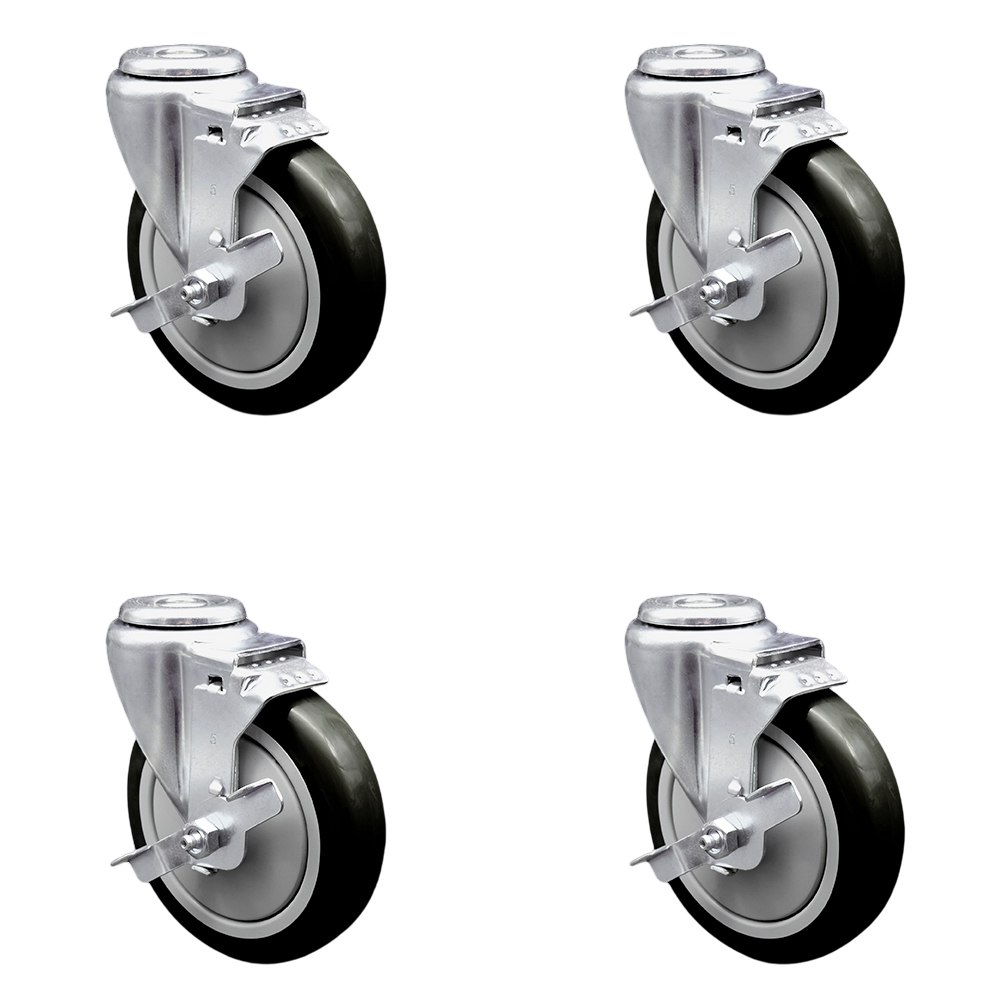 Polyurethane Swivel Bolt Hole Caster Set of 4 w/5" x 1.25" Black Wheels - Includes 4 Swivel with Top Lock Brakes - 1400 lbs Total Capacity - Service Caster Brand — photo 1