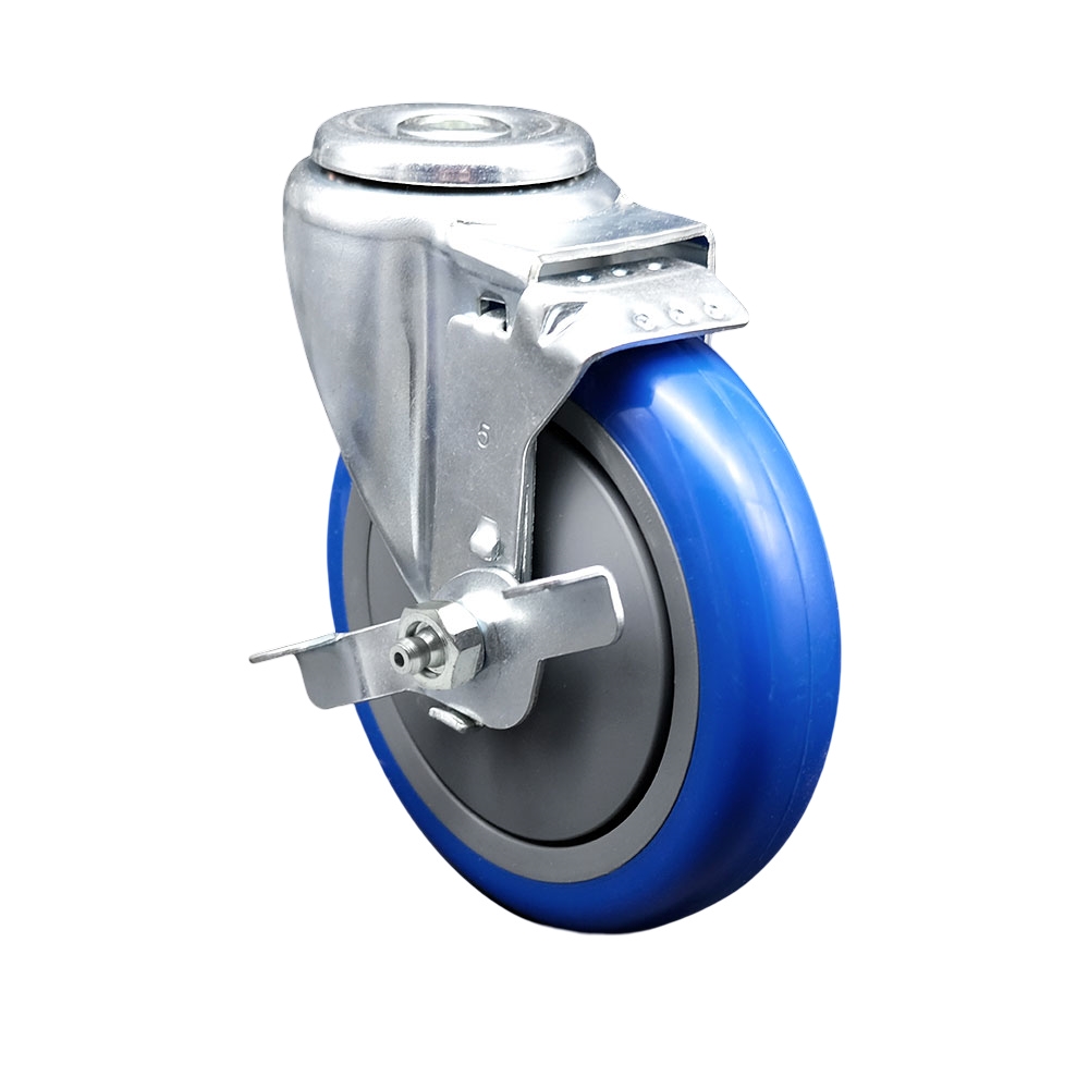 Polyurethane Swivel Bolt Hole Caster w/5" x 1.25"  Blue Wheel & Top Locking Brake - 350 lbs Capacity/Caster - Service Caster Brand — photo 1