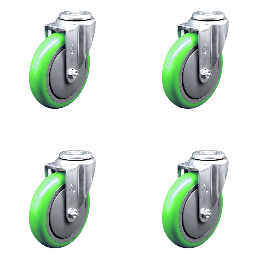 Polyurethane Swivel Bolt Hole Caster Set of 4 w/5" x 1.25" Green Wheels - Includes 4 Swivel - 1400 lbs Total Capacity - Service Caster Brand — photo 1