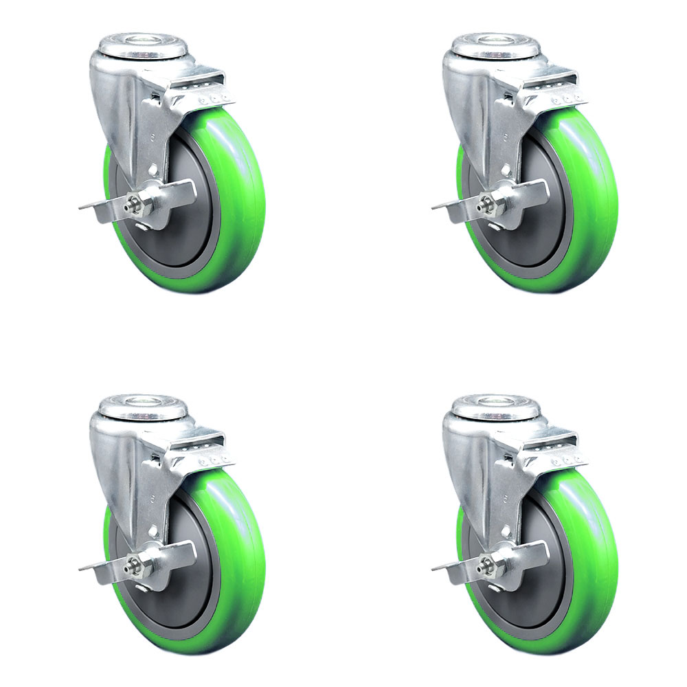 Polyurethane Swivel Bolt Hole Caster Set of 4 w/5" x 1.25" Green Wheels - Includes 4 Swivel with Top Lock Brakes - 1400 lbs Total Capacity - Service Caster Brand — photo 1
