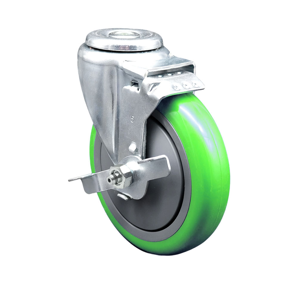 Polyurethane Swivel Bolt Hole Caster w/5" x 1.25" Green Wheel & Top Locking Brake - 350 lbs Capacity/Caster - Service Caster Brand — photo 1
