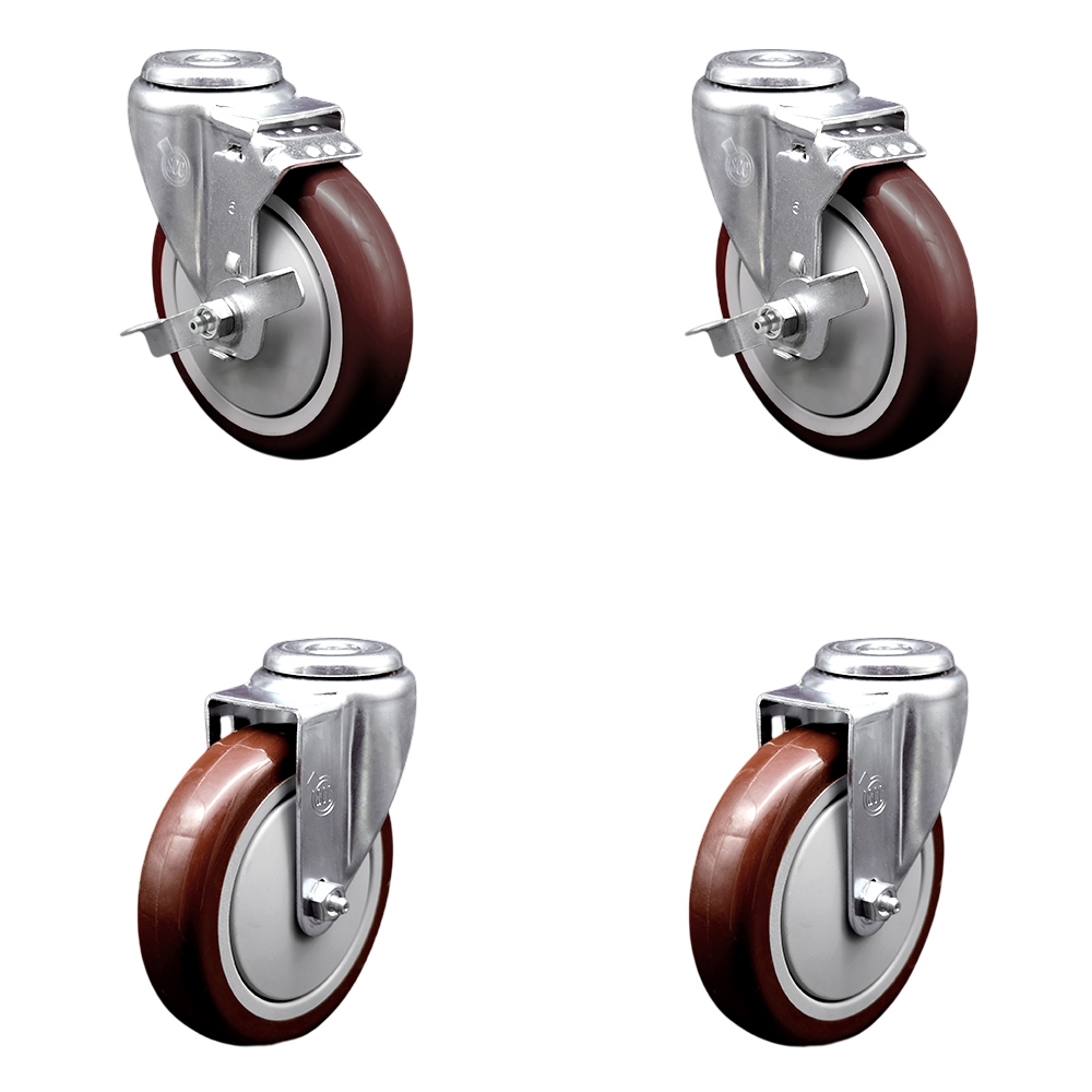 Polyurethane Swivel Bolt Hole Caster Set of 4 w/5" x 1.25"  Maroon Wheels - Includes 2 with Top Locking Brakes - 1400 lbs Total Capacity - Service Caster Brand — photo 1