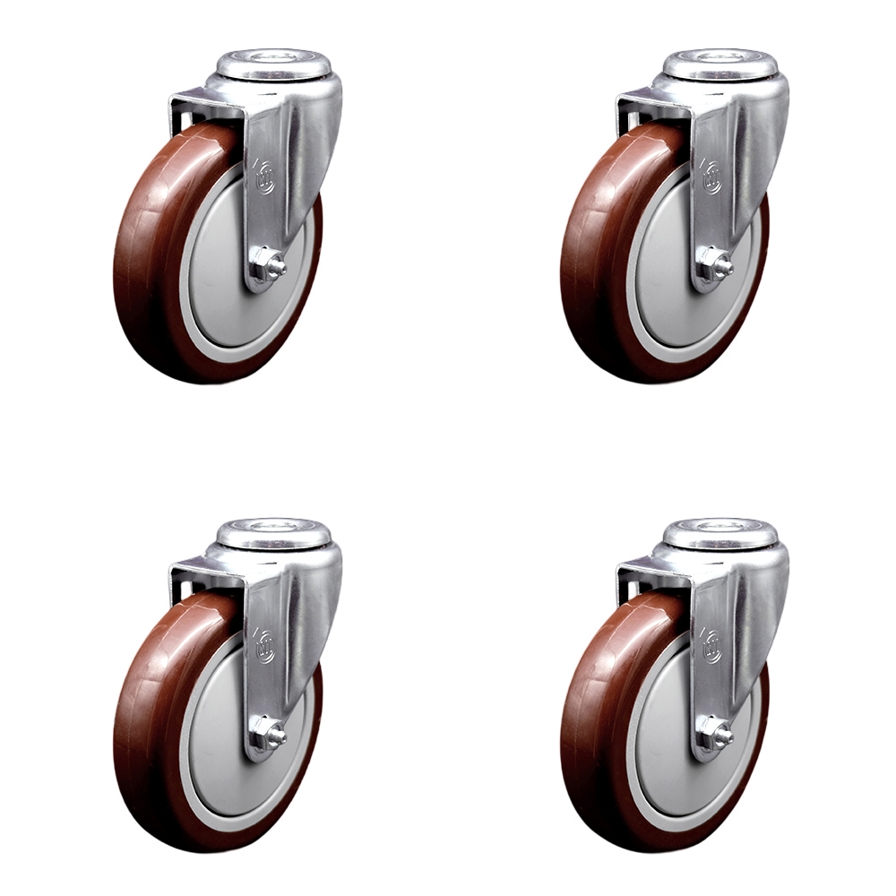 Polyurethane Swivel Bolt Hole Caster Set of 4 w/5" x 1.25" Maroon Wheels - Includes 4 Swivel - 1400 lbs Total Capacity - Service Caster Brand — photo 1