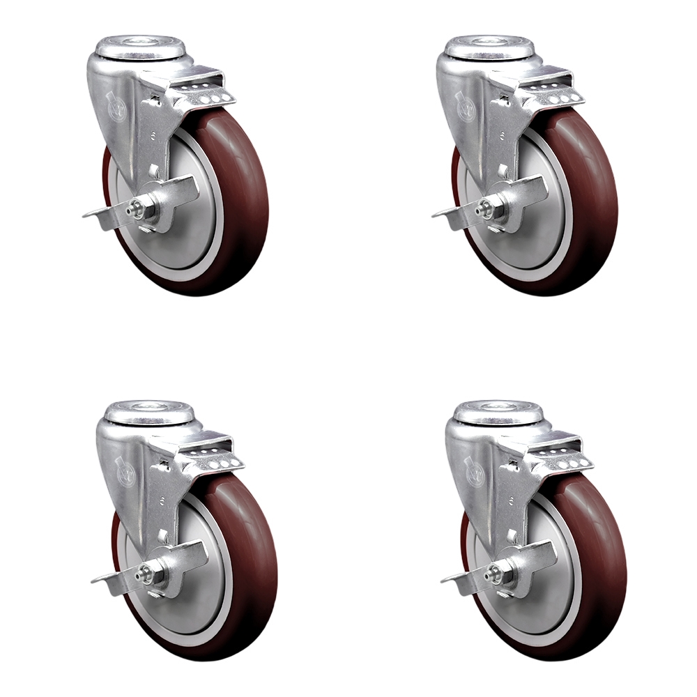 Polyurethane Swivel Bolt Hole Caster Set of 4 w/5" x 1.25" Maroon Wheels - Includes 4 Swivel with Top Lock Brakes - 1400 lbs Total Capacity - Service Caster Brand — photo 1