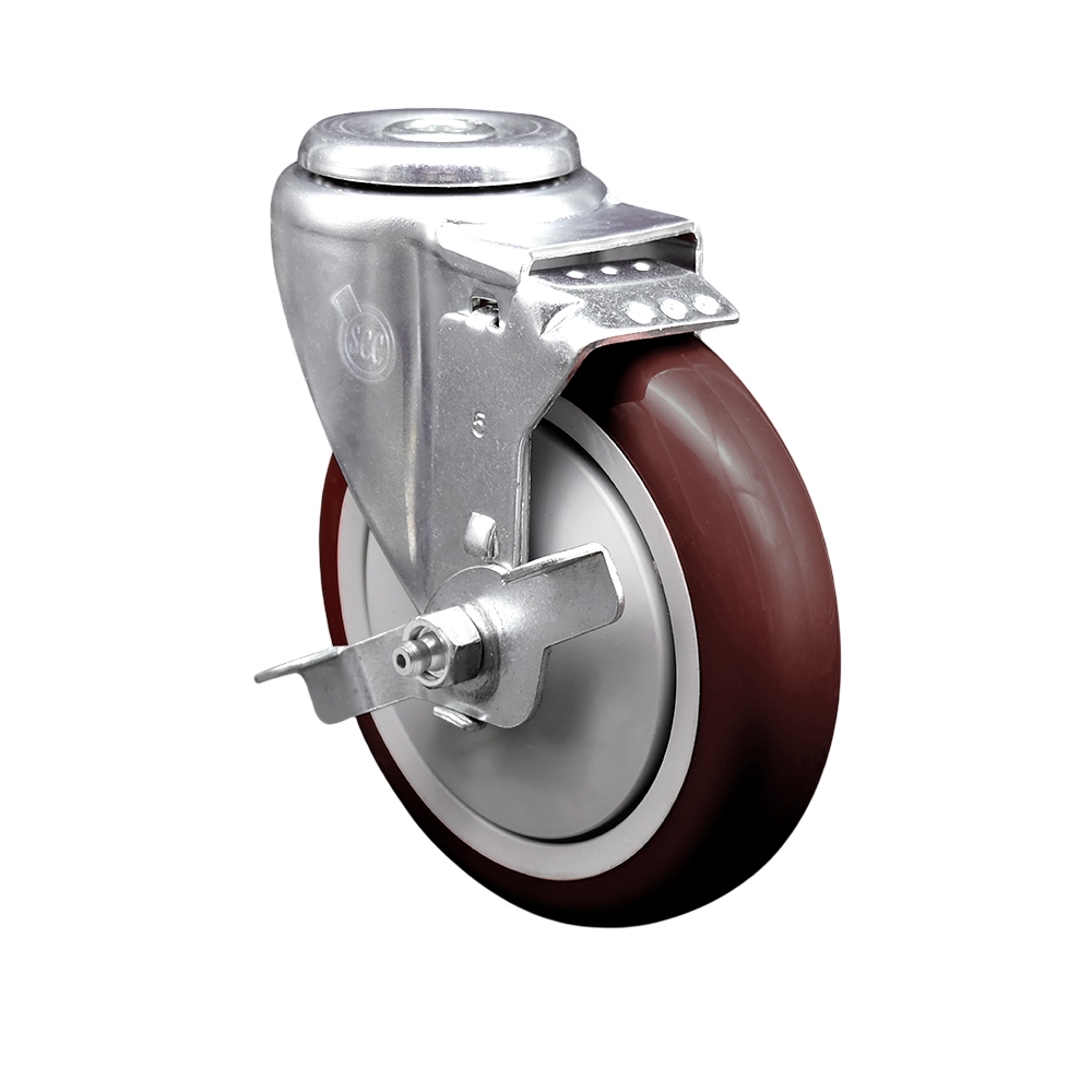 Polyurethane Swivel Bolt Hole Caster w/5" x 1.25"  Maroon Wheel & Top Locking Brake - 350 lbs Capacity/Caster - Service Caster Brand — photo 1
