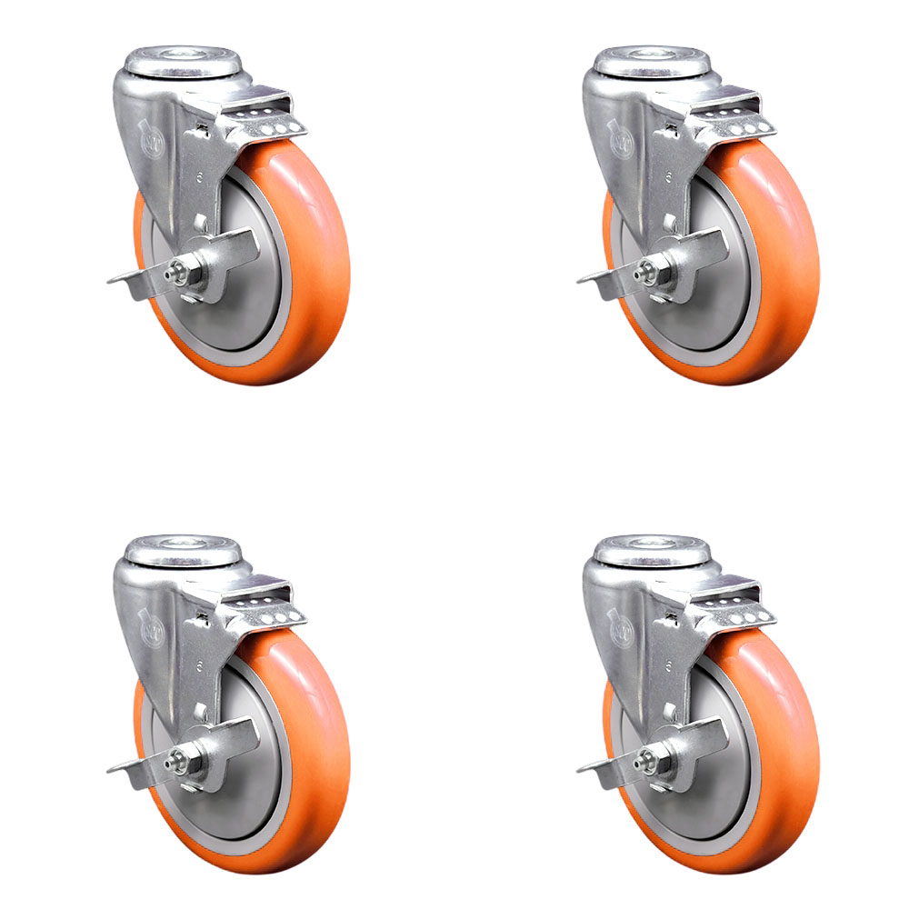 Polyurethane Swivel Bolt Hole Caster Set of 4 w/5" x 1.25" Orange Wheels - Includes 4 Swivel with Top Lock Brakes - 1400 lbs Total Capacity - Service Caster Brand — photo 1
