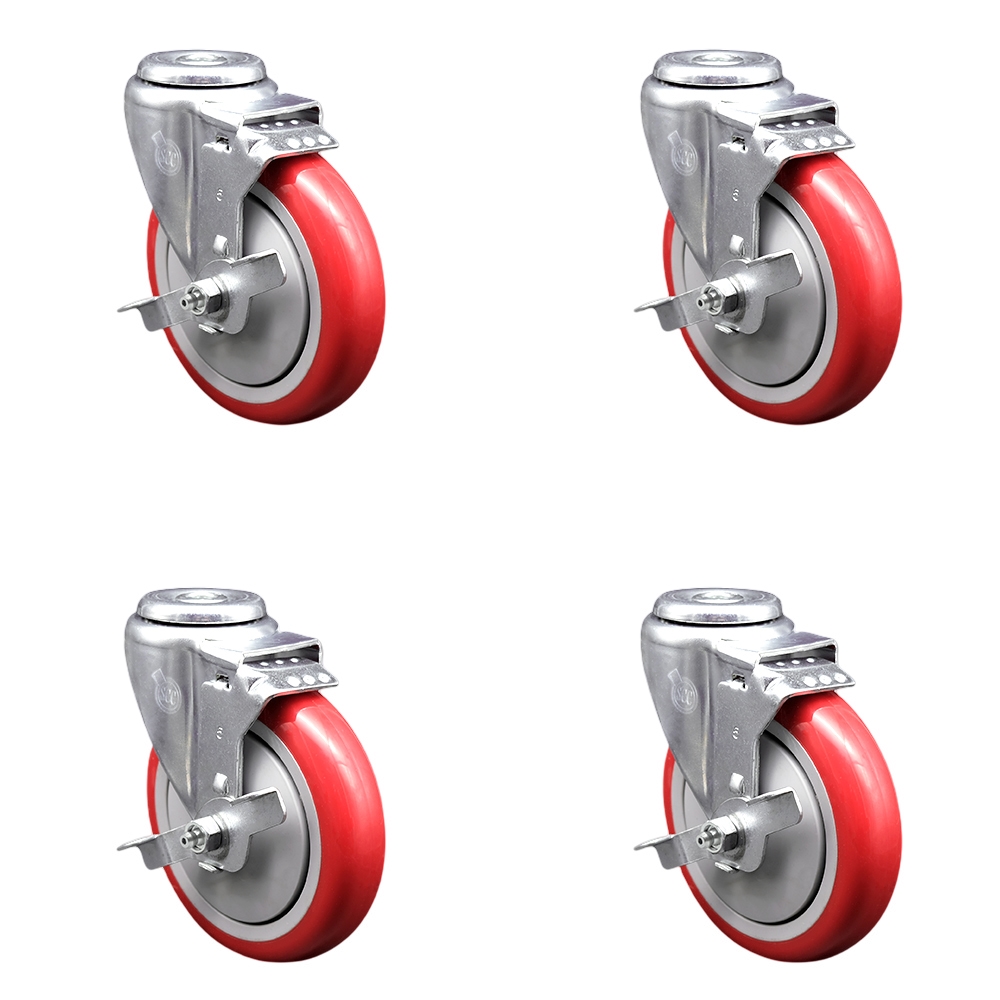 Polyurethane Swivel Bolt Hole Caster Set of 4 w/5" x 1.25" Red Wheels - Includes 4 Swivel with Top Lock Brakes - 1400 lbs Total Capacity - Service Caster Brand — photo 1
