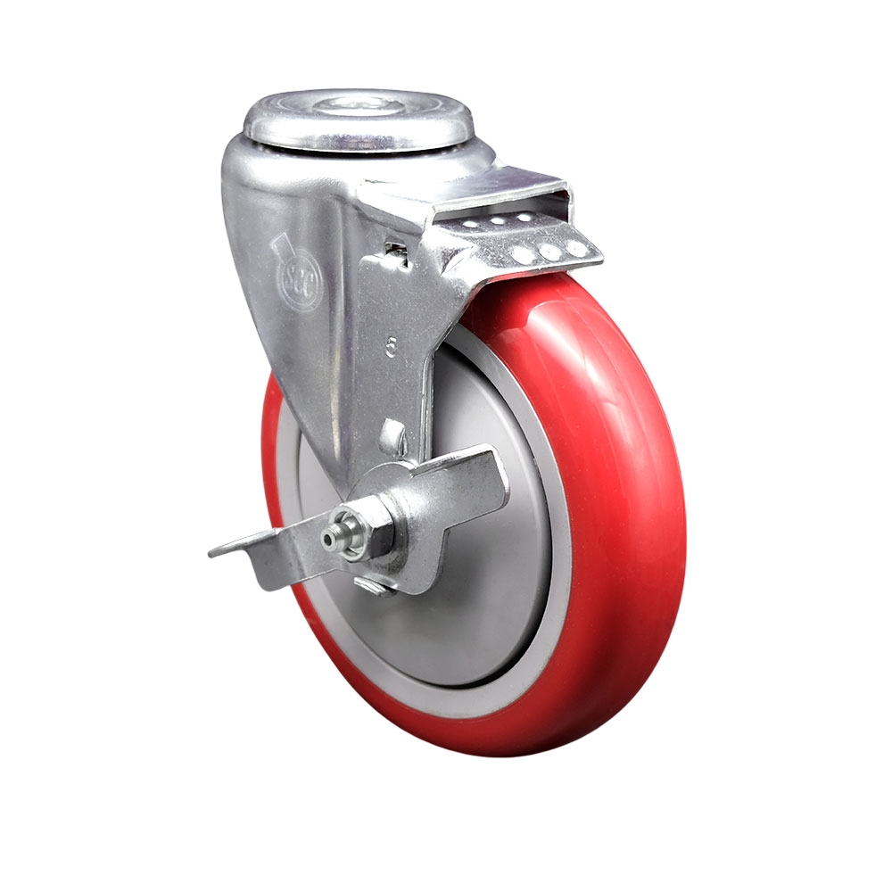 5" Swivel Caster with 1/2" Bolt Hole, Red Polyurethane Wheel and Brake - 350 lbs Capacity - Service Caster Brand — photo 1