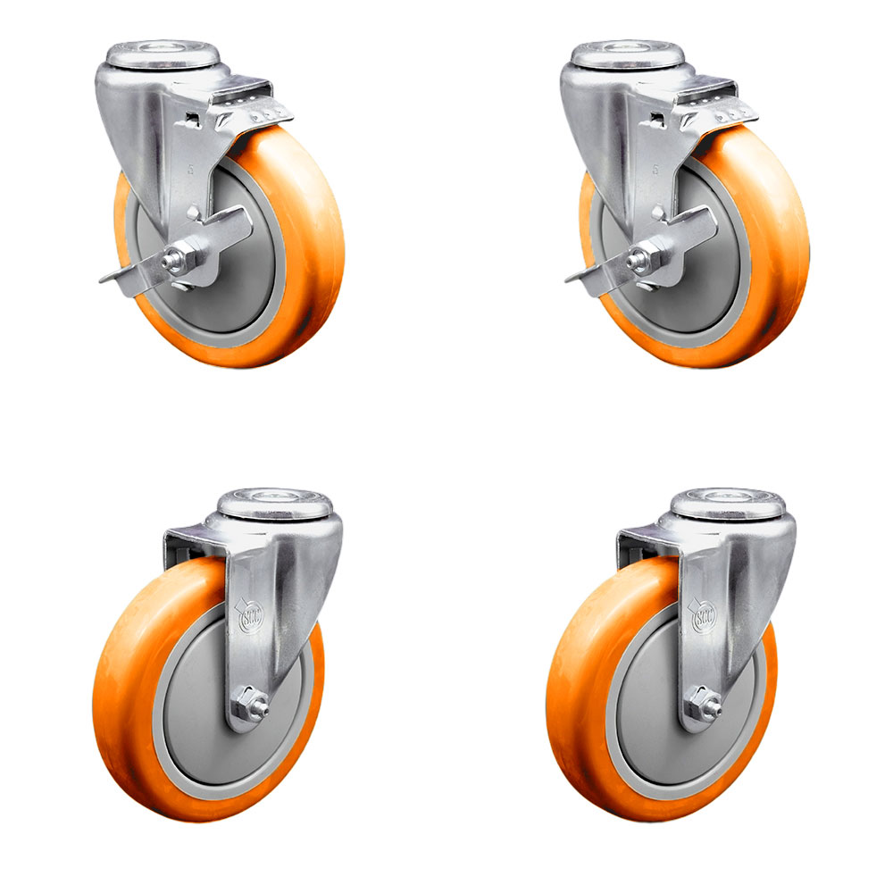 Polyurethane Swivel Bolt Hole Caster Set of 4 w/5" x 1.25" Orange Wheels - Includes 2 with Top Locking Brakes - 1400 lbs Total Capacity - Service Caster Brand — photo 1