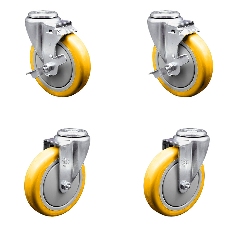 Stainless Steel Polyurethane Swivel Bolt Hole Caster Set of 4 w/5" x 1.25"  Yellow Wheels - Includes 2 with Top Locking Brakes - 1400 lbs Total Capacity - Service Caster Brand — photo 1