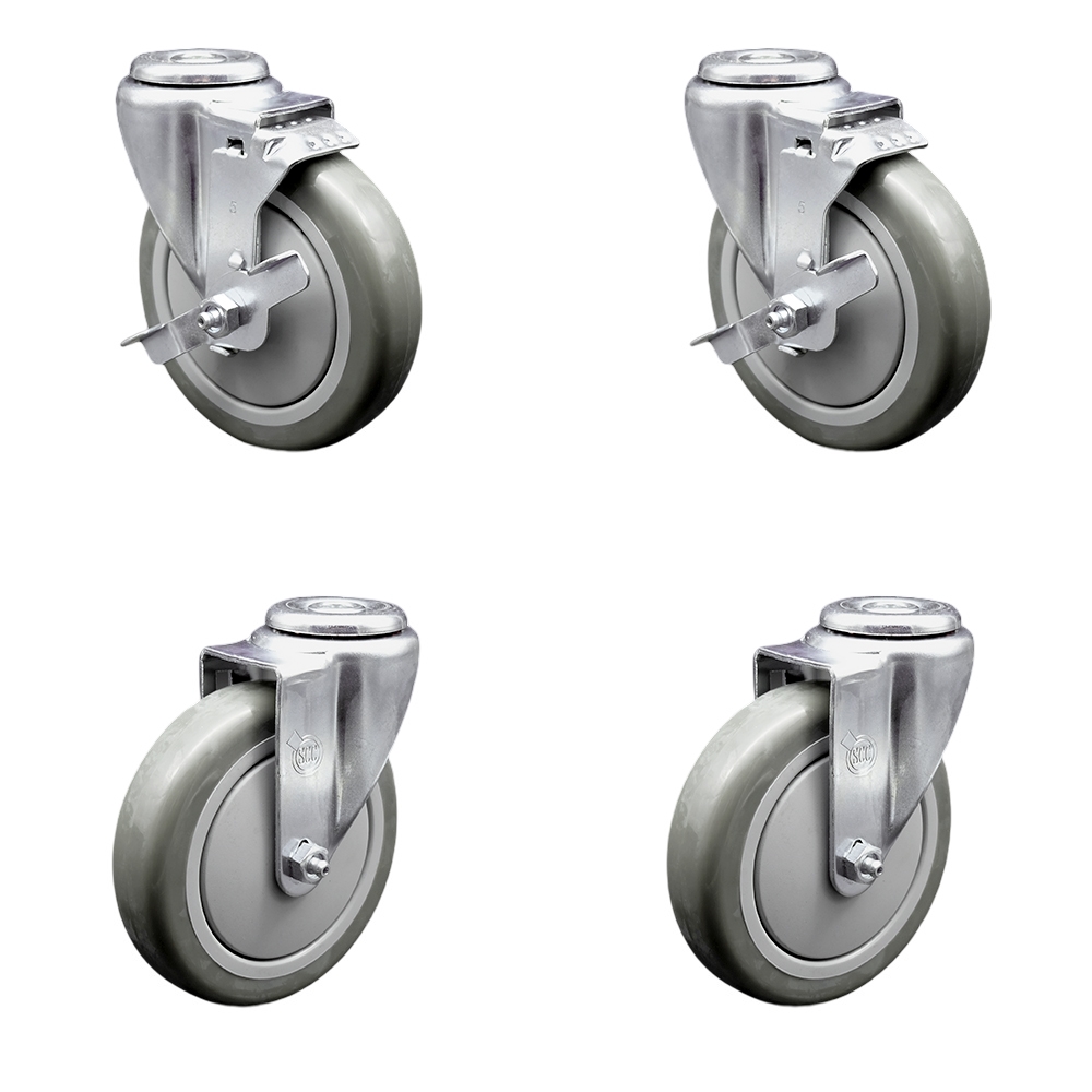 Polyurethane Swivel Bolt Hole Caster Set of 4 w/5" x 1.25" Gray Wheels - Includes 2 with Top Locking Brakes - 1400 lbs Total Capacity - Service Caster Brand — photo 1