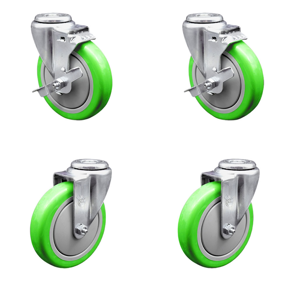Polyurethane Swivel Bolt Hole Caster Set of 4 w/5" x 1.25" Green Wheels - Includes 2 with Top Locking Brakes - 1400 lbs Total Capacity - Service Caster Brand — photo 1