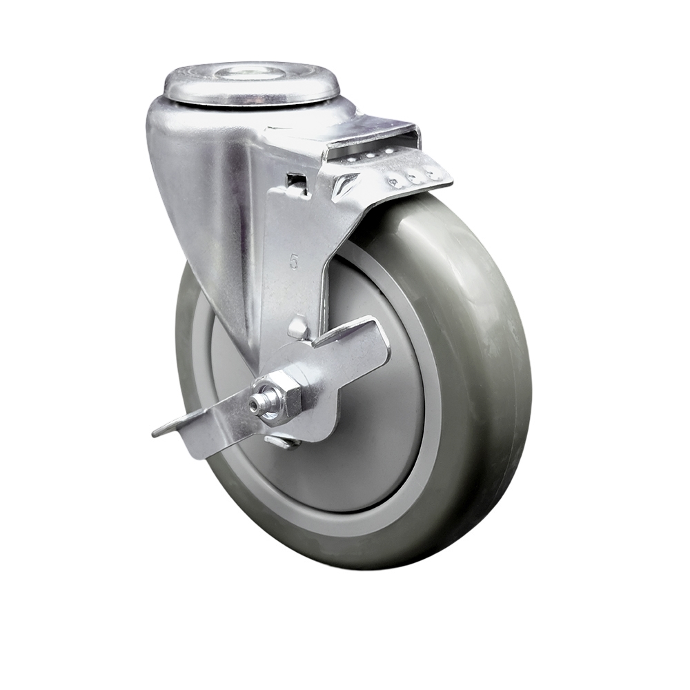 5" Swivel Caster with 1/2" Bolt Hole, Gray Polyurethane Wheel and Brake - 350 lbs Capacity - Service Caster Brand — photo 1