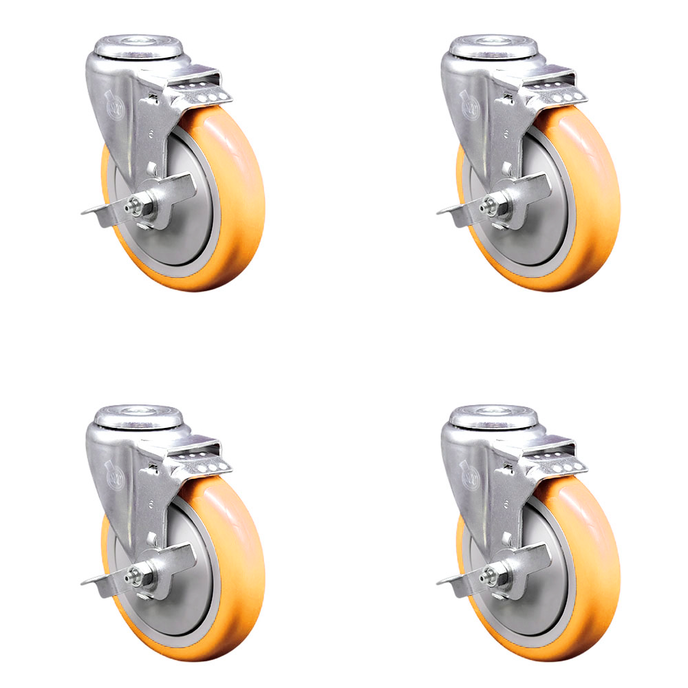 Polyurethane Swivel Bolt Hole Caster Set of 4 w/5" x 1.25" Yellow Wheels - Includes 4 Swivel with Top Lock Brakes - 1400 lbs Total Capacity - Service Caster Brand — photo 1