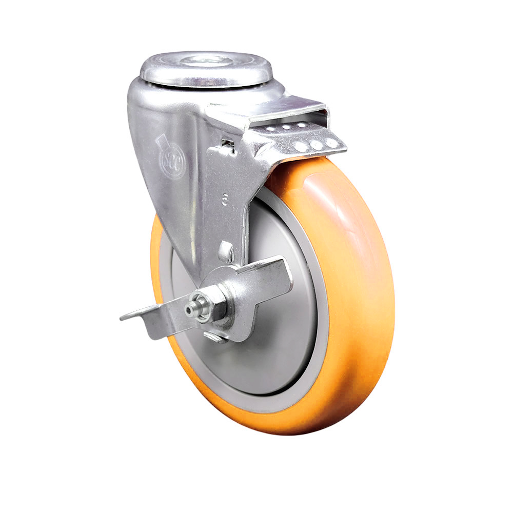 Polyurethane Swivel Bolt Hole Caster w/5" x 1.25" Yellow Wheel & Top Locking Brake - 350 lbs Capacity/Caster - Service Caster Brand — photo 1