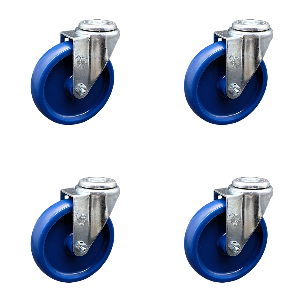 Solid Polyurethane Swivel Bolt Hole Caster Set of 4 w/5" x 1.25" Blue Wheels - Includes 4 Swivel - 1200 lbs Total Capacity - Service Caster Brand — photo 1