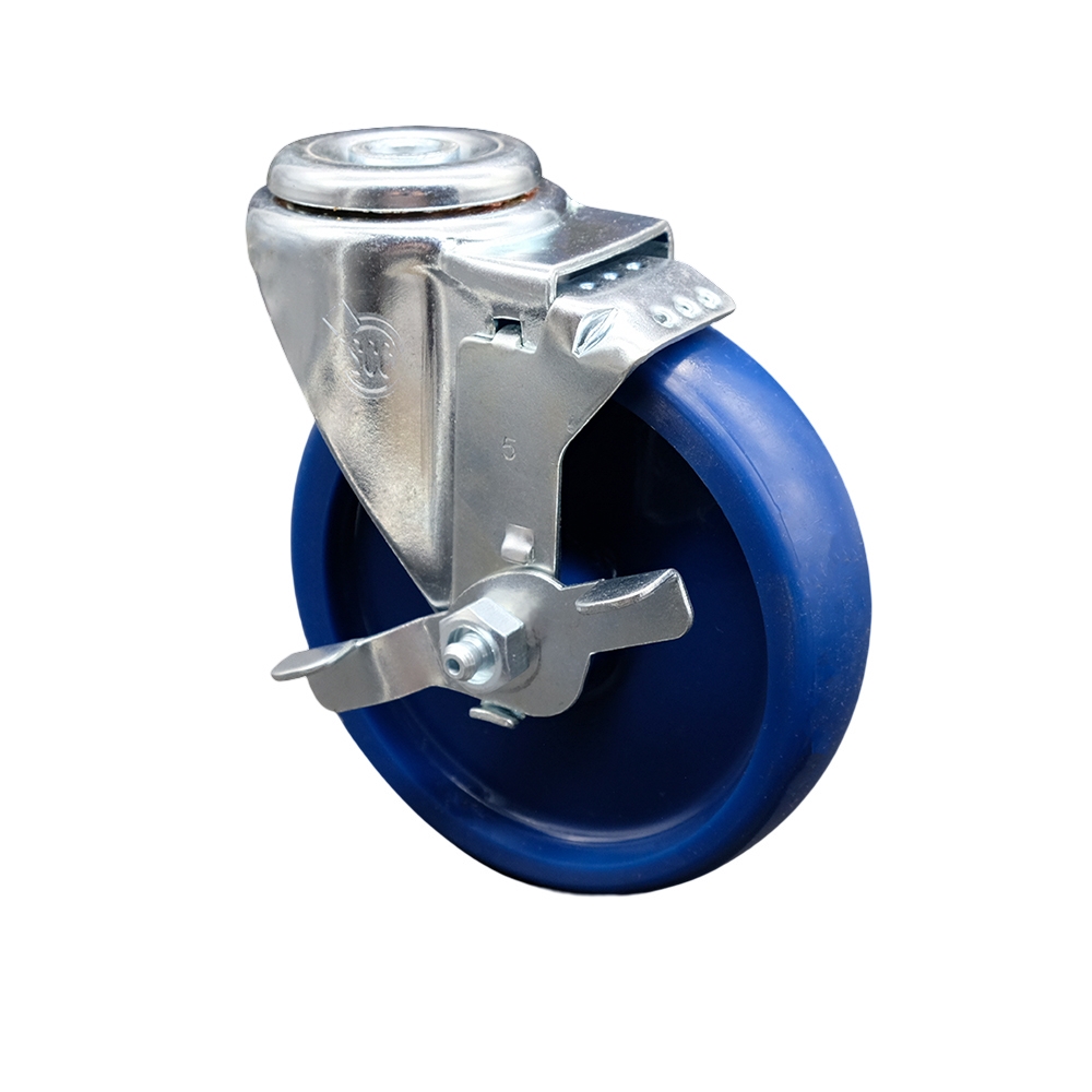 Solid Polyurethane Swivel Bolt Hole Caster w/5" x 1.25" Blue Wheel & Top Locking Brake - 300 lbs Capacity/Caster - Service Caster Brand — photo 1