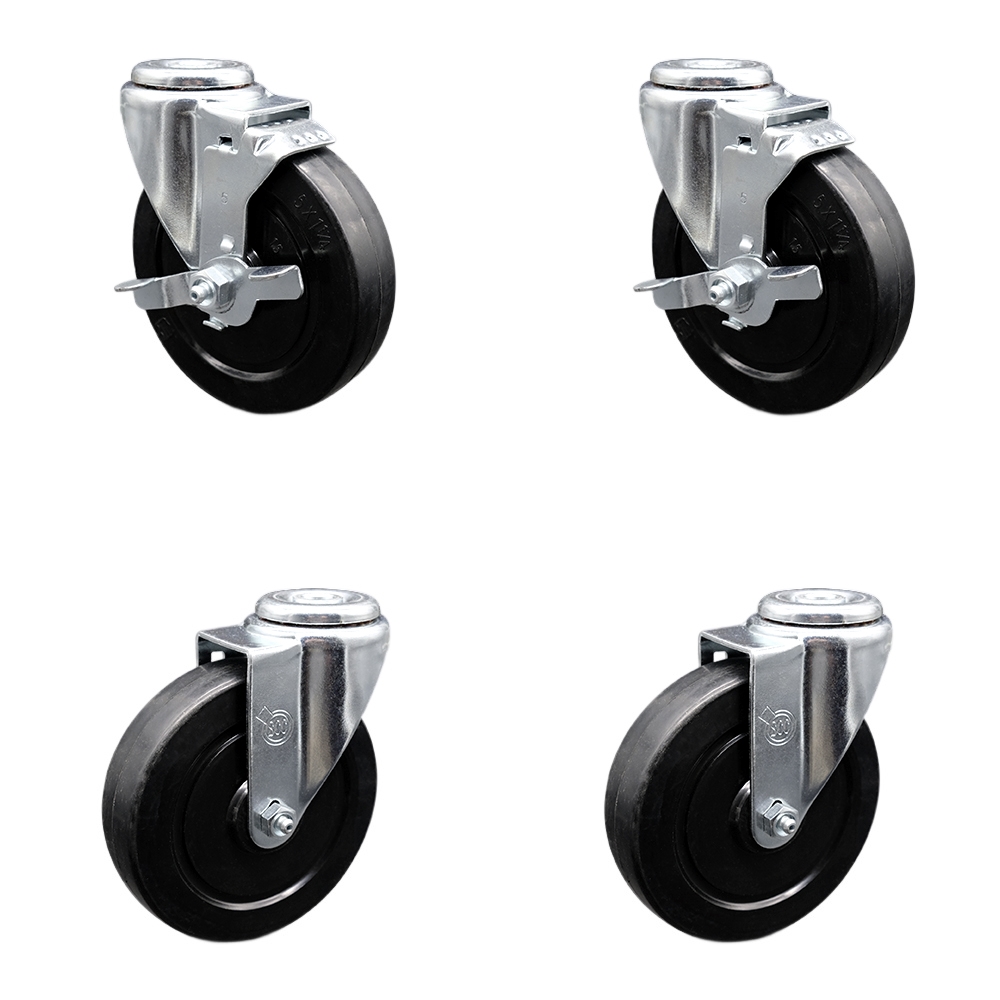 Soft Rubber Swivel Bolt Hole Caster Set of 4 w/5" x 1.25" Black Wheels - Includes 2 with Top Locking Brakes - 1100 lbs Total Capacity - Service Caster Brand — photo 1