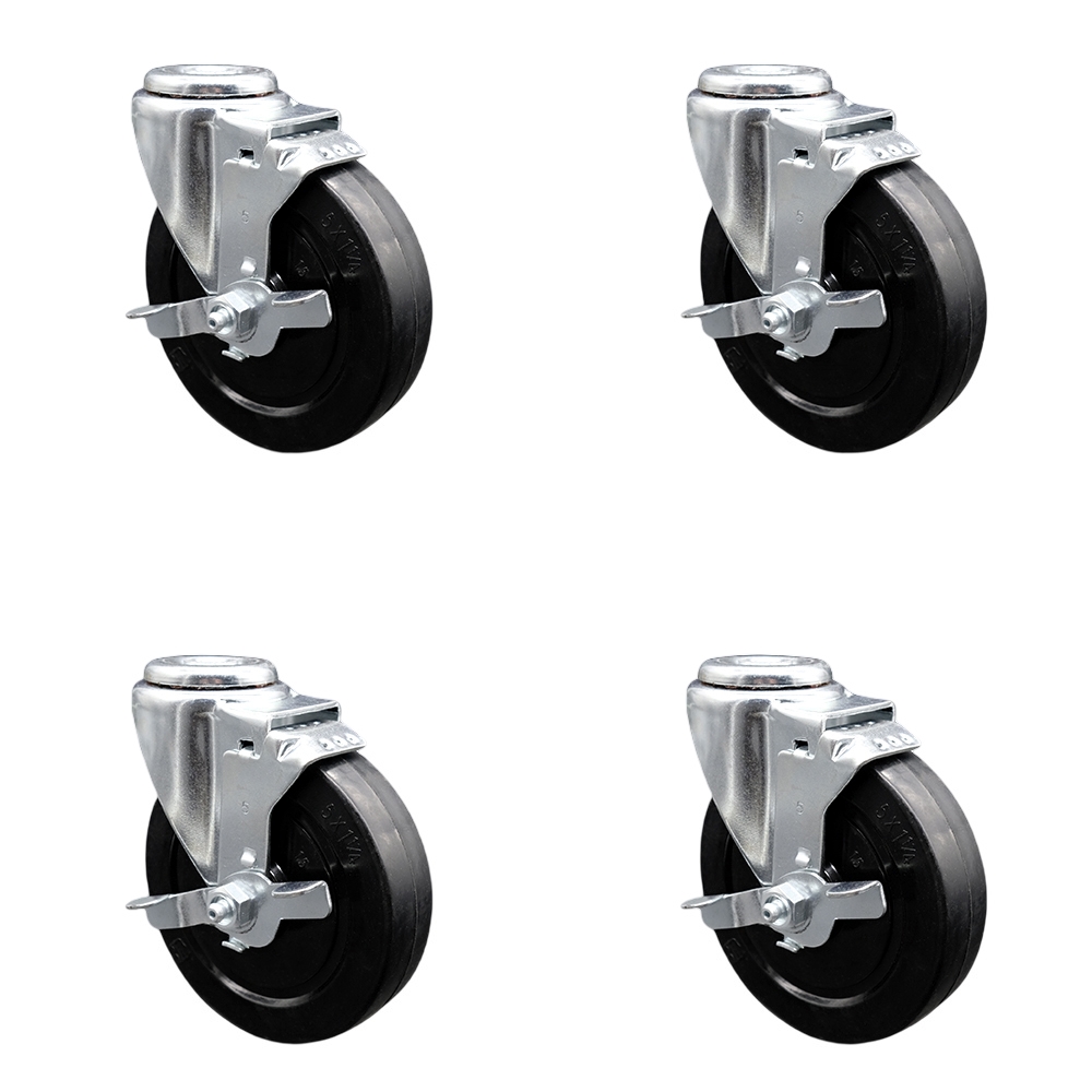 Soft Rubber Swivel Bolt Hole Caster Set of 4 w/5" x 1.25" Black Wheels - Includes 4 Swivel with Top Lock Brakes - 1100 lbs Total Capacity - Service Caster Brand — photo 1