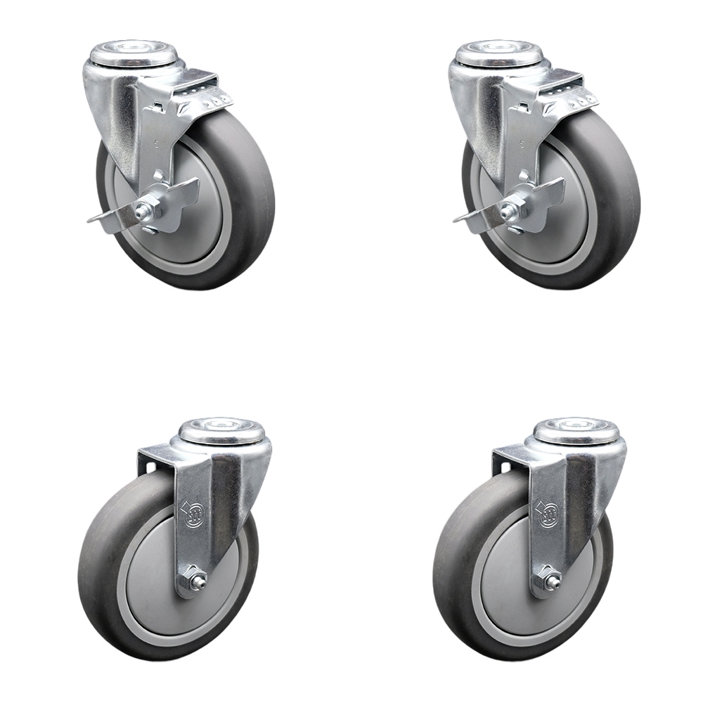 Thermoplastic Rubber Swivel Bolt Hole Caster Set of 4 - 5" x 1.25" Gray Wheels - Includes 2 with Top Locking Brakes - 1,200 lbs Total Capacity - Service Caster Brand — photo 1